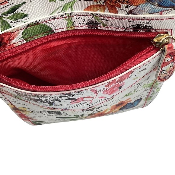 MultiSac Crossbody Bag Womens Small White Floral Butterfly Print Red - Picture 4 of 10